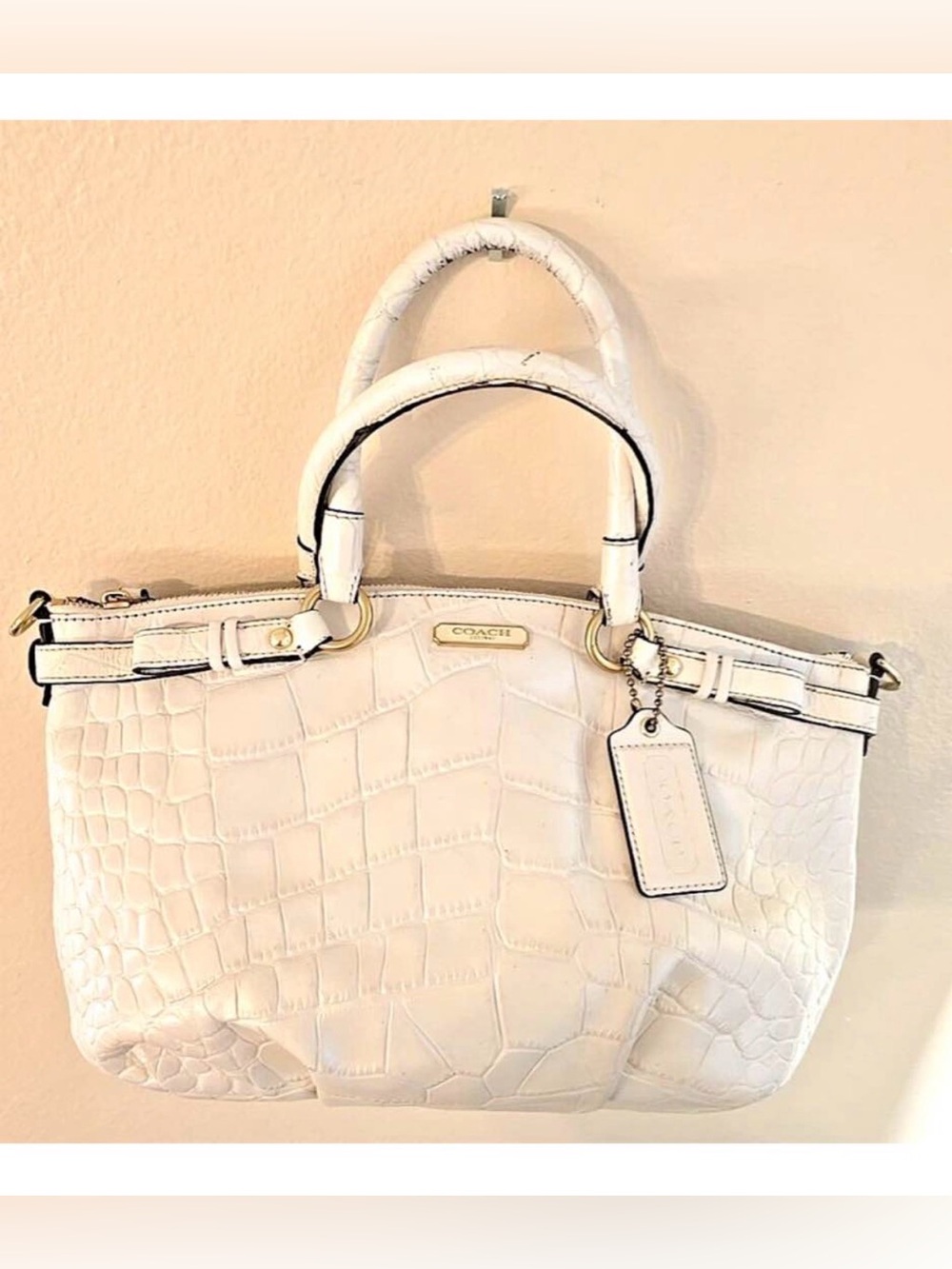 Coach White Croc-Embossed Leather Satchel with Gold Hardware